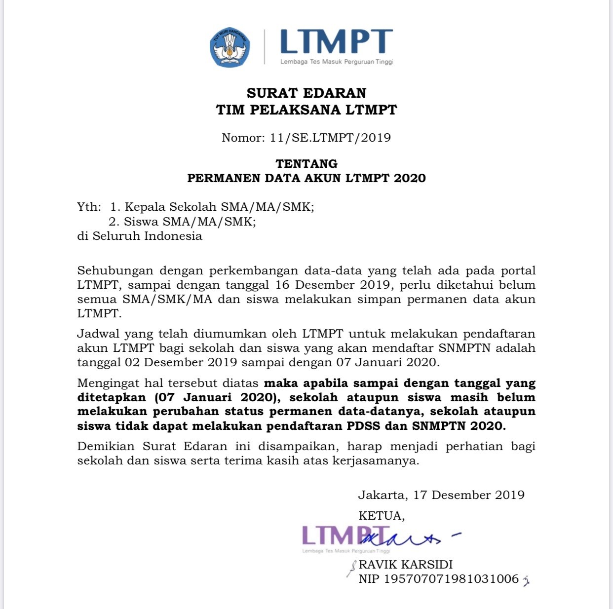 Permanen Data Akun LTMPT 2020